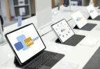 Tablets lined up on display at a shopping mall