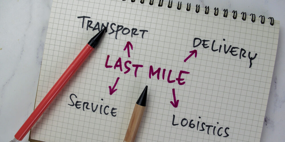 Concept of Last Mile write on a book with Keywords isolated on Wooden Table.