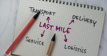 Concept of Last Mile write on a book with Keywords isolated on Wooden Table.