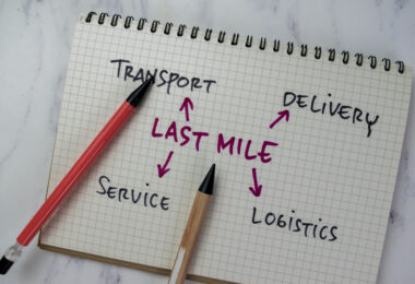 Concept of Last Mile write on a book with Keywords isolated on Wooden Table.