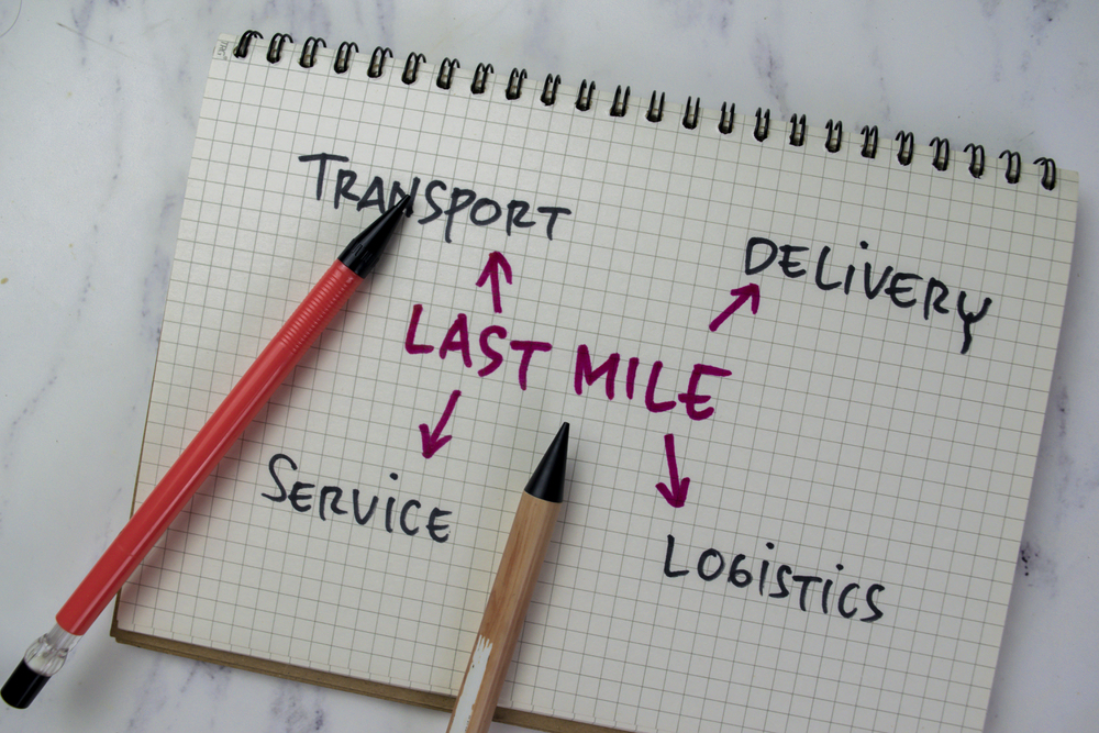 Concept of Last Mile write on a book with Keywords isolated on Wooden Table.